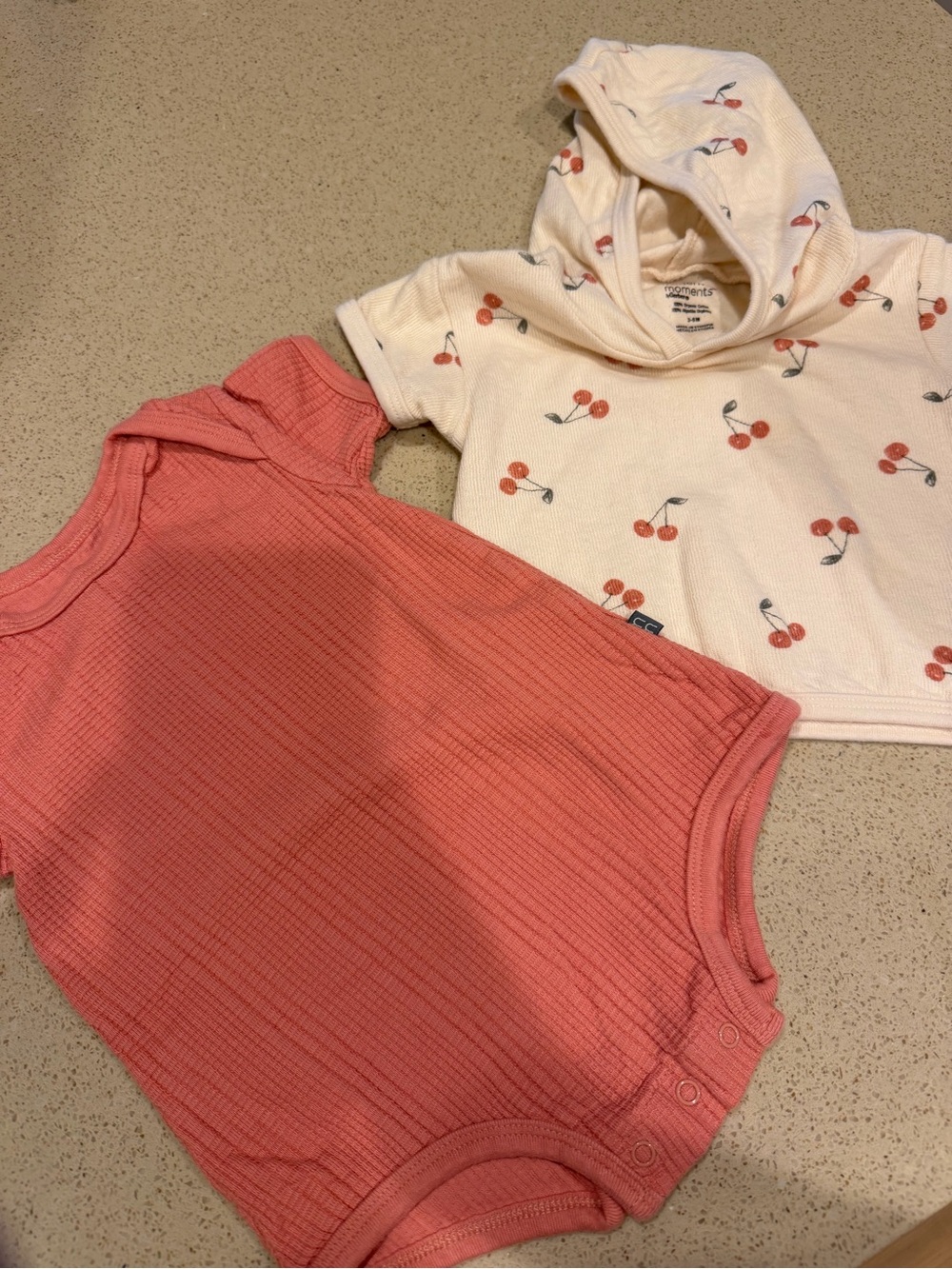 Toddler Cherry Hooded Top + Coral Ribbed Romper